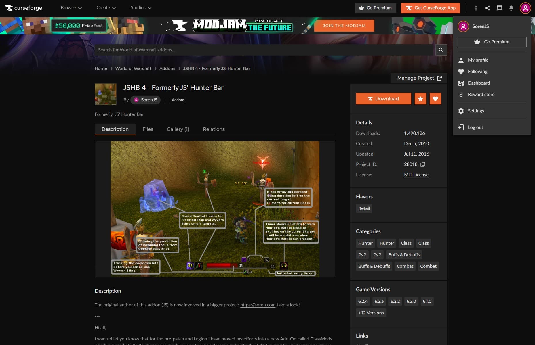 Screenshot of JS's Hunter Bar addon page on CurseForge showing 1.49 million downloads and a link to Soren.com